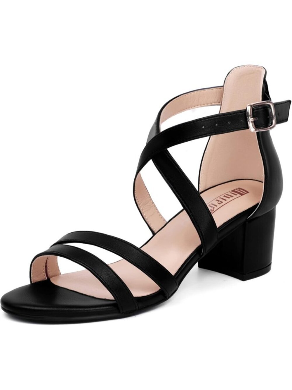 Women's Black Pu Block Low Chunky Heel Open Toe Ankle Strap Dress Sandals